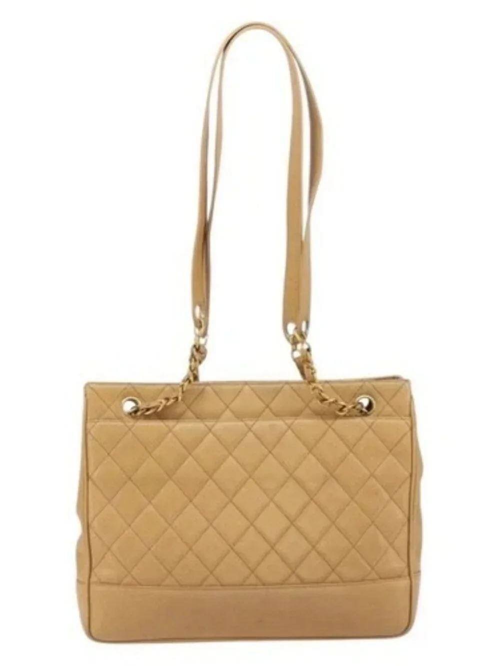 CHANEL Matelasse Chain Shoulder Bag Grained Calf Skin Beige Gold CC Auth YKZ963
